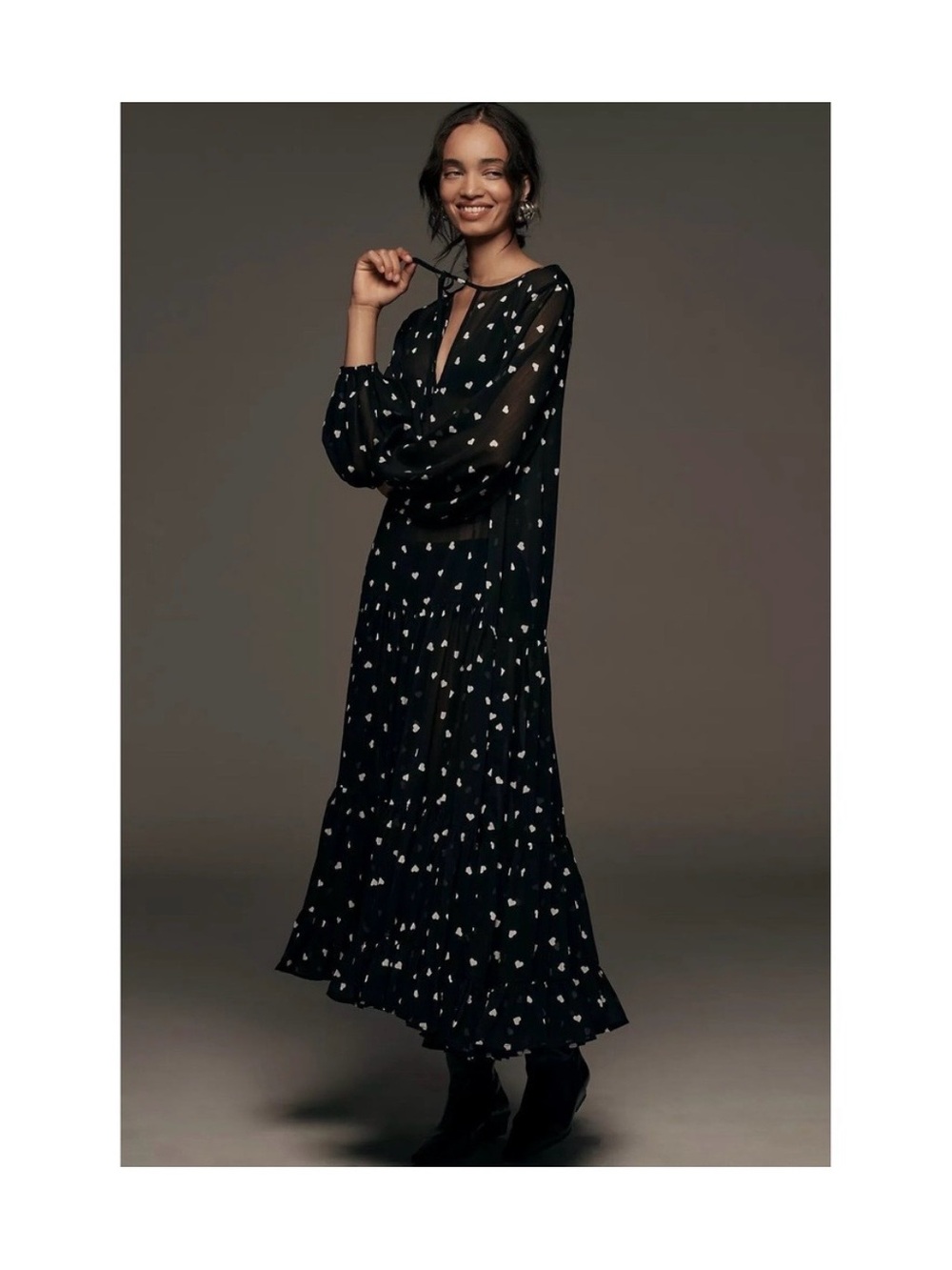 Anthropologie Maeve Sheer Ditsy Heart Kaftan Black White One Size